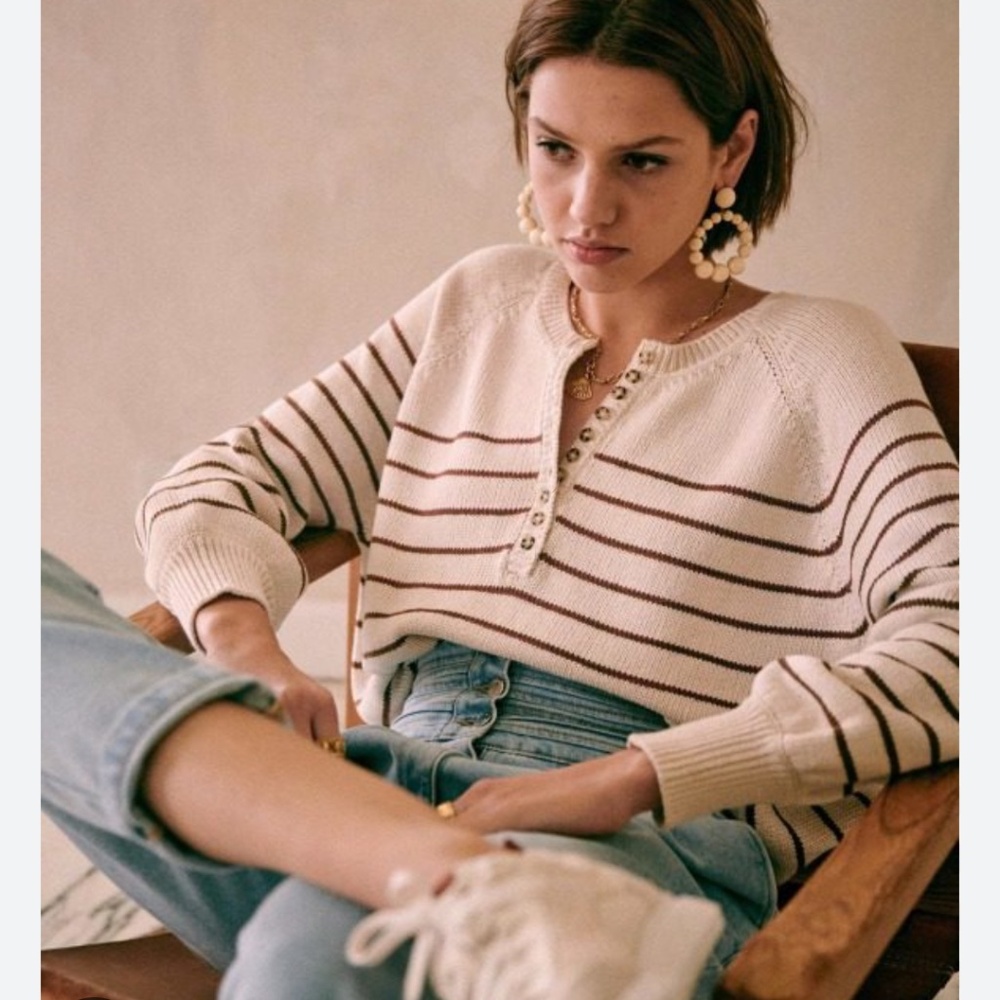 Sezane Leontine 100% organic cotton stripe cream/caramel knit Sweater Sz S